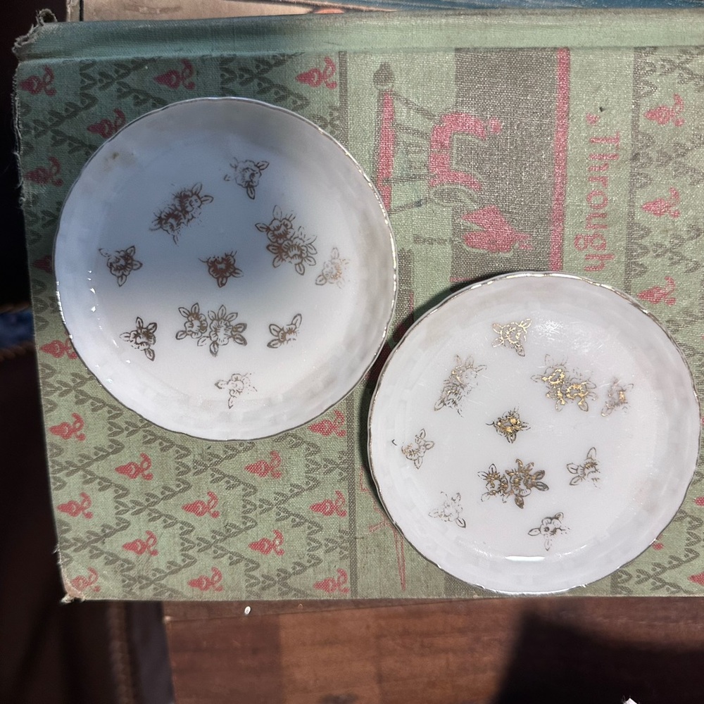 Antique French Set of 2 White Porcelain Butter Pats with Gold Floral Motif